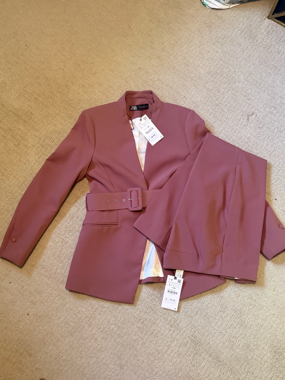 Zara Mauve Pink Belted Blazer and Skirt Set